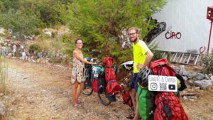 2 bicyclists with loaded bikes at Mikulici Nature Park