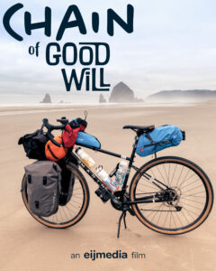 Bicycle parked on the beach with words Chain of Goodwill