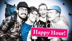 Group of people with caption Bike Culture, Happy Hour