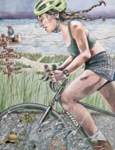 Colored pencil drawing of a woman riding a bicycle
