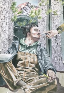 Colored pencil drawing of a man sitting on the ground with someone reaching out a helping hand