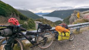 Fully loaded touring bike parked on the side of the road