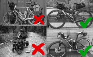 4 images of touring bicycles comparing the incorrect way to tour on the left and the correct way on the right