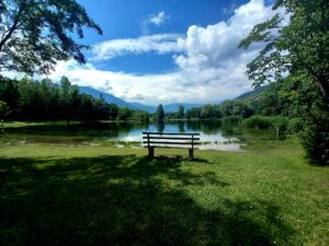 A park bench in front of a lake