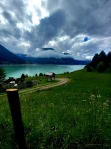 A lake in a meadow with mountains in the background