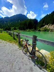 A bicycle leaning against a fence next to a lake