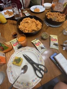 Platters of food on a dining table