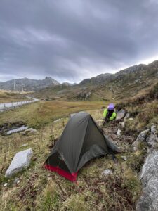 Tent pitched on the side of a mountain 
